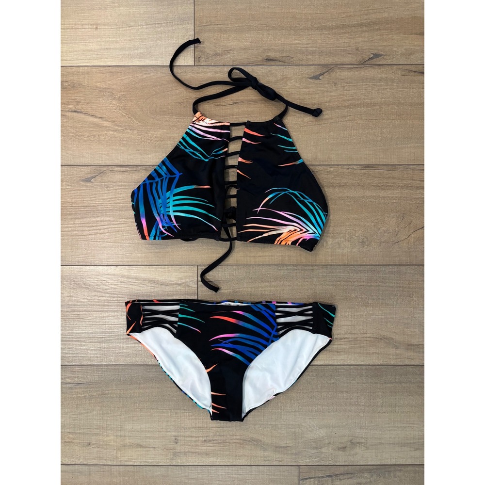 PINK Victoria's Secret Mini Bikini Set Women Medium Black Tropical Ladder Cutout - Picture 5 of 6